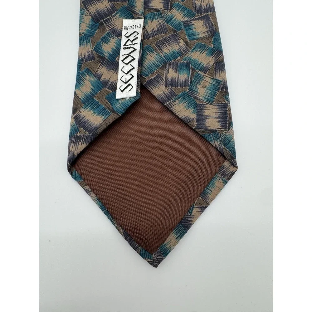 Secours 100% Silk Tie Abstract Geometric Brown Teal Tan Pattern‎ Classic Necktie